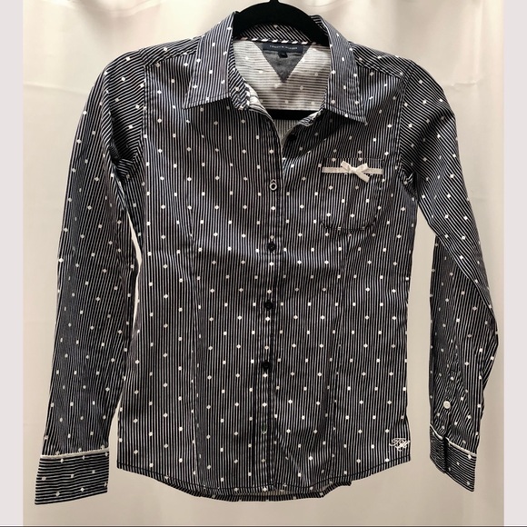 Tommy Hilfiger Kids Black White Polka Dot Striped Shirt with Bow (Ages 14) - Picture 1 of 7